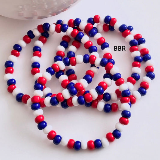 Red, White, and Blue Czech Glass Seed Beaded Bracelet.