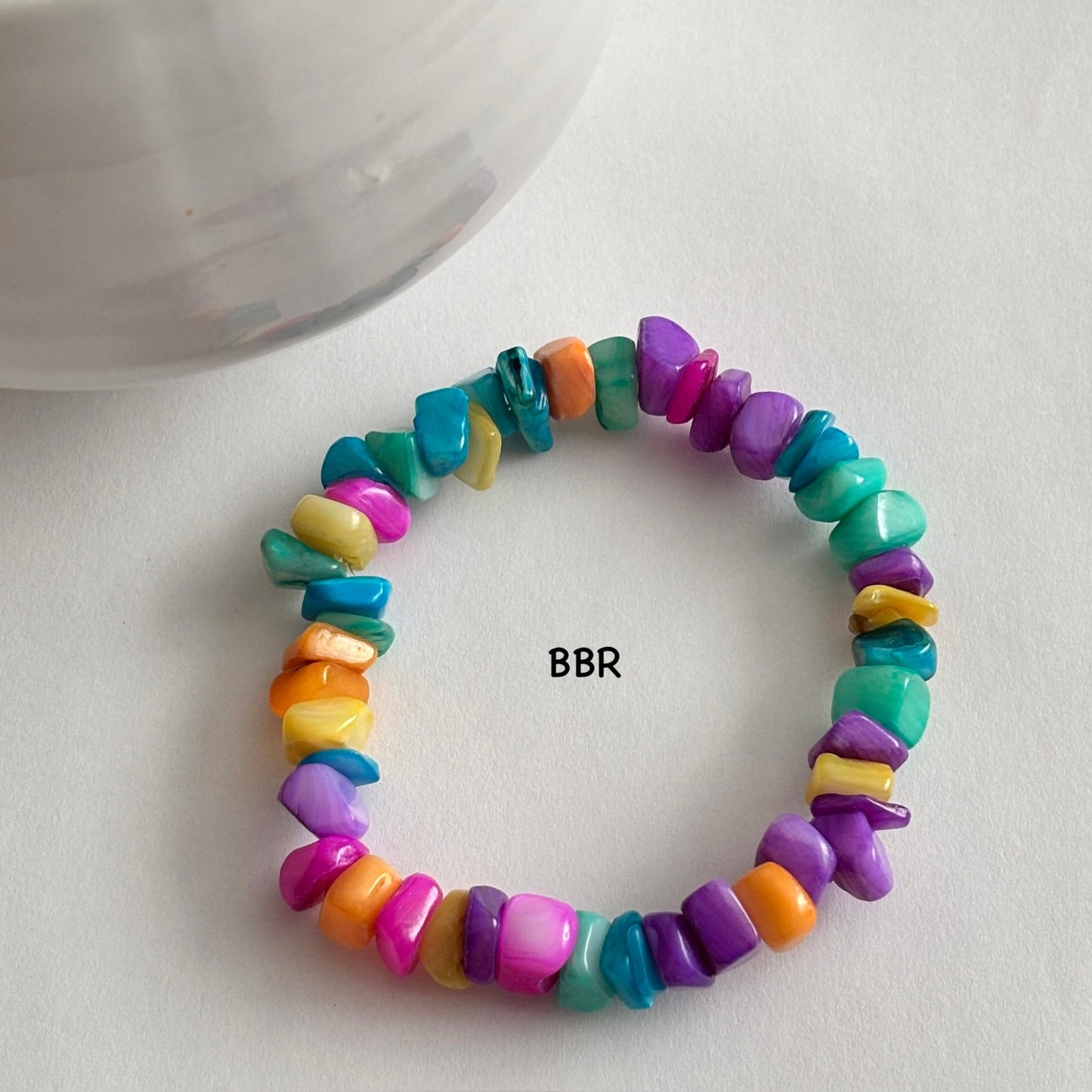 Multi-color dyed shell beaded bracelet.