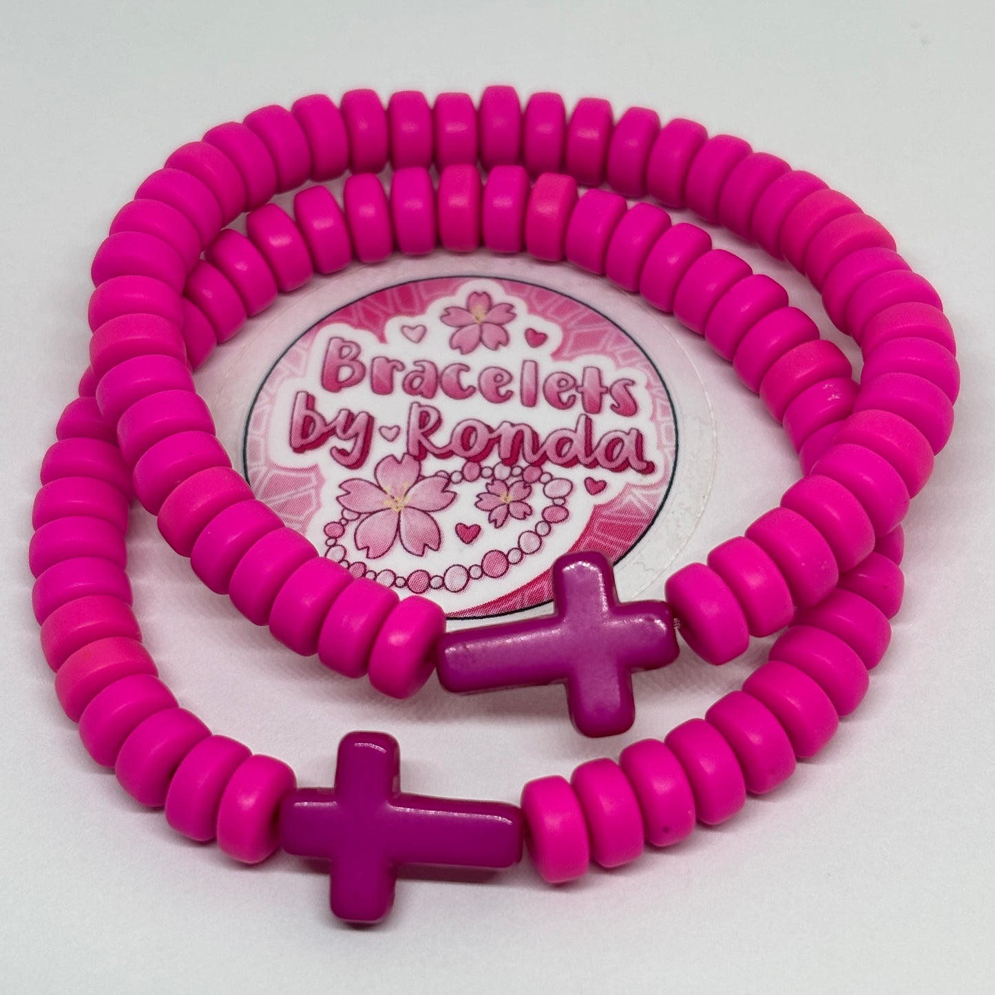 Hot Pink Cross Clay Beaded Bracelet