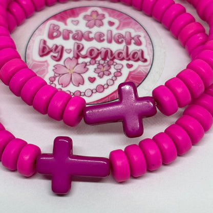 Hot Pink Cross Clay Beaded Bracelet