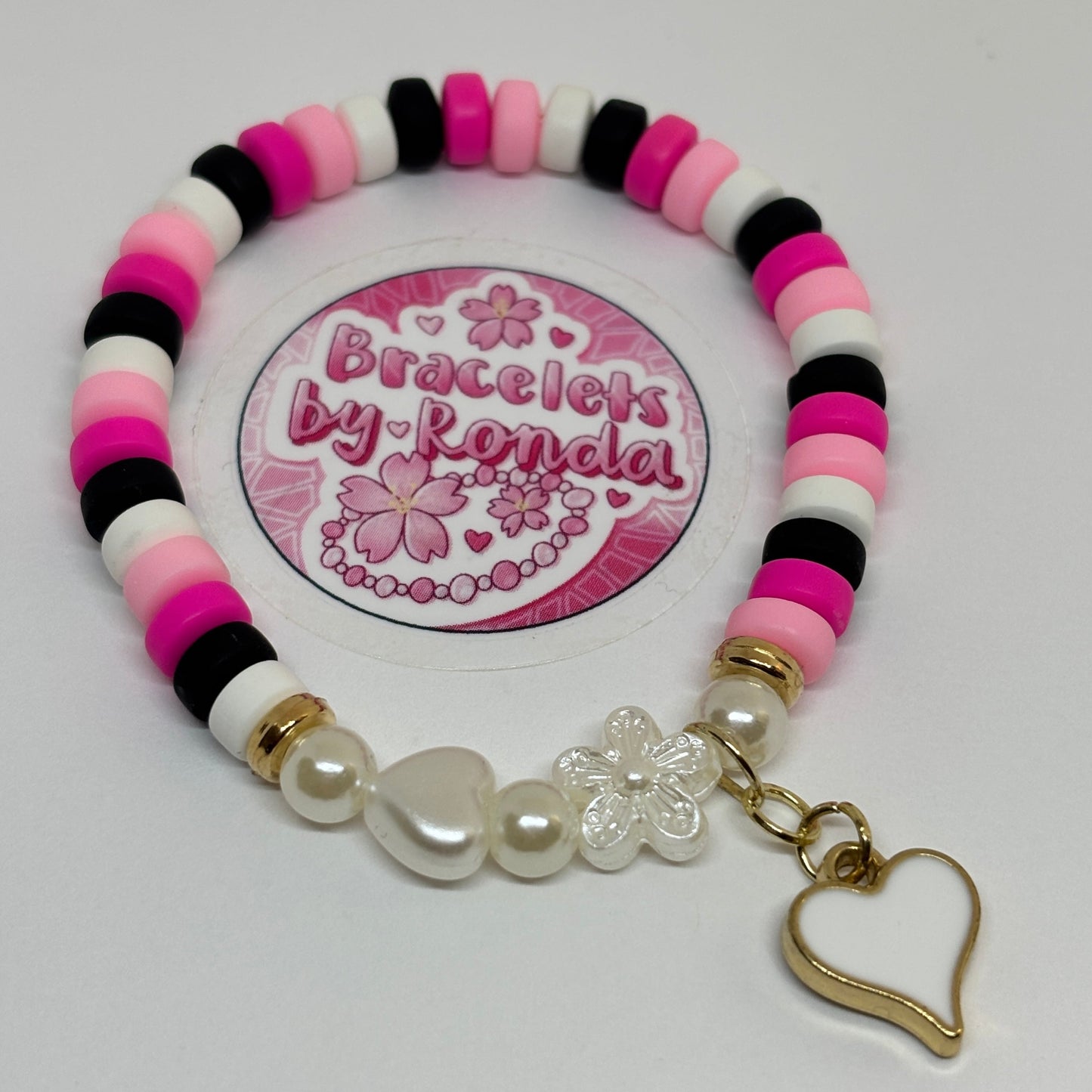 Pink & Black Clay Bead Charm Bracelet