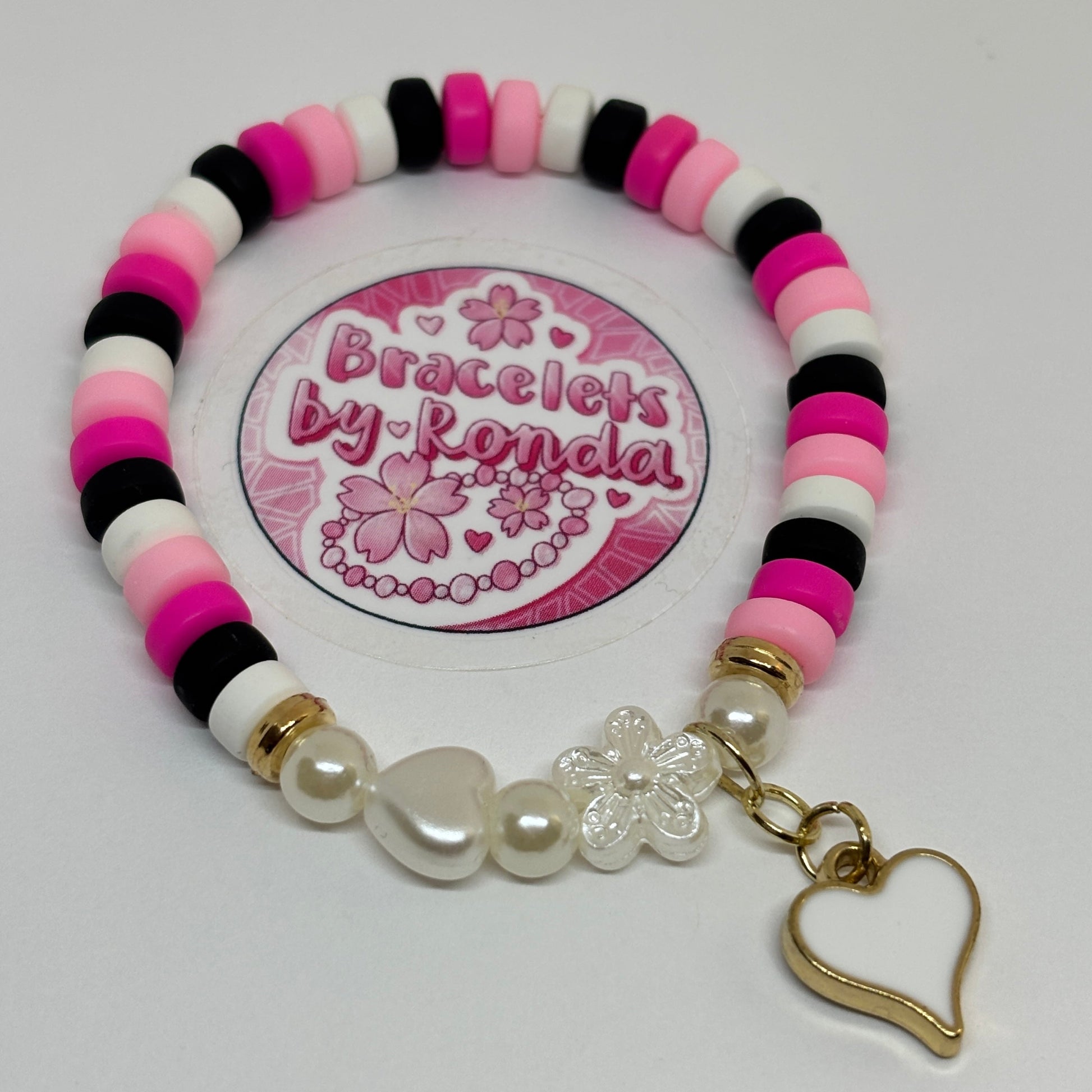 Pink & Black Clay Bead Charm Bracelet