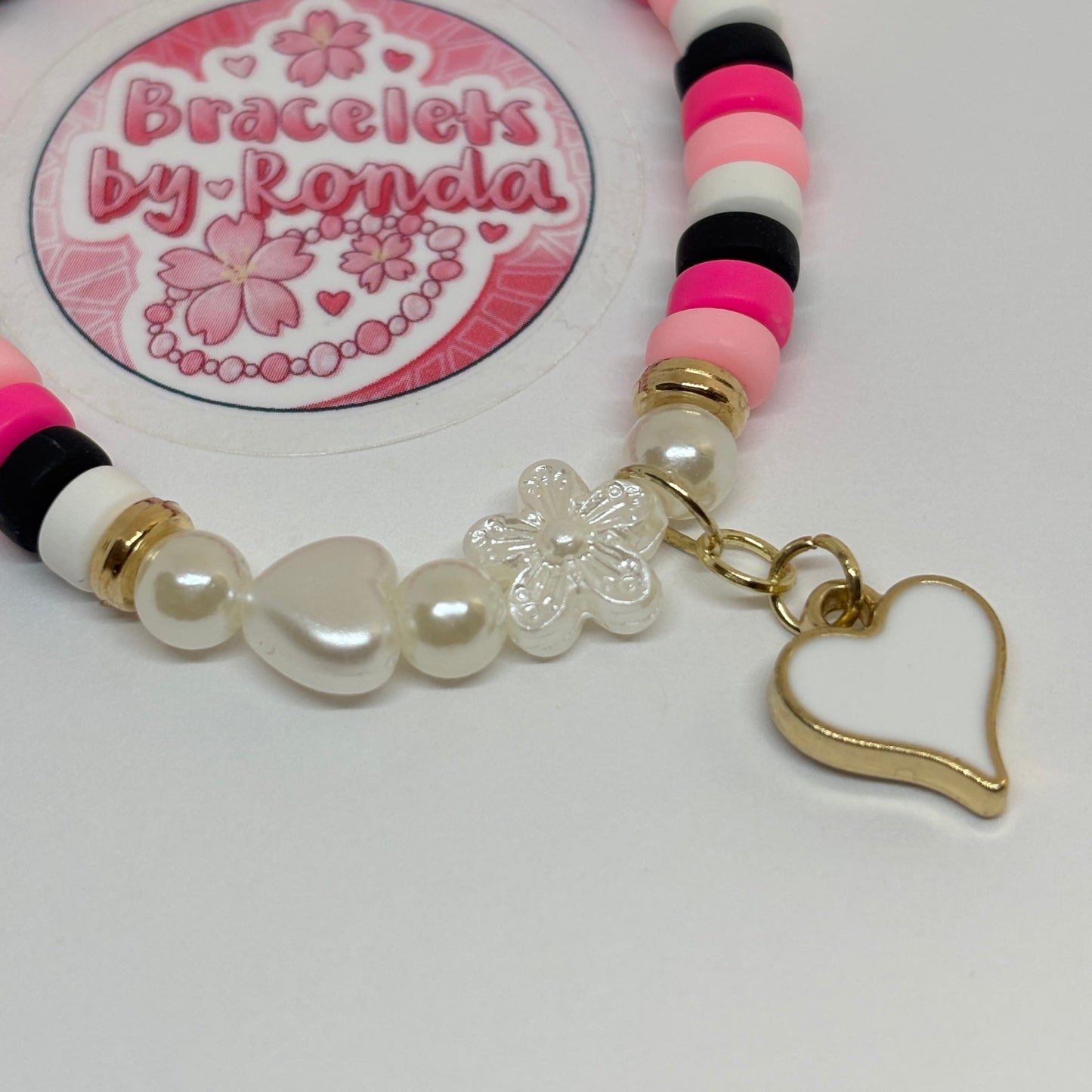 Pink & Black Clay Bead Charm Bracelet