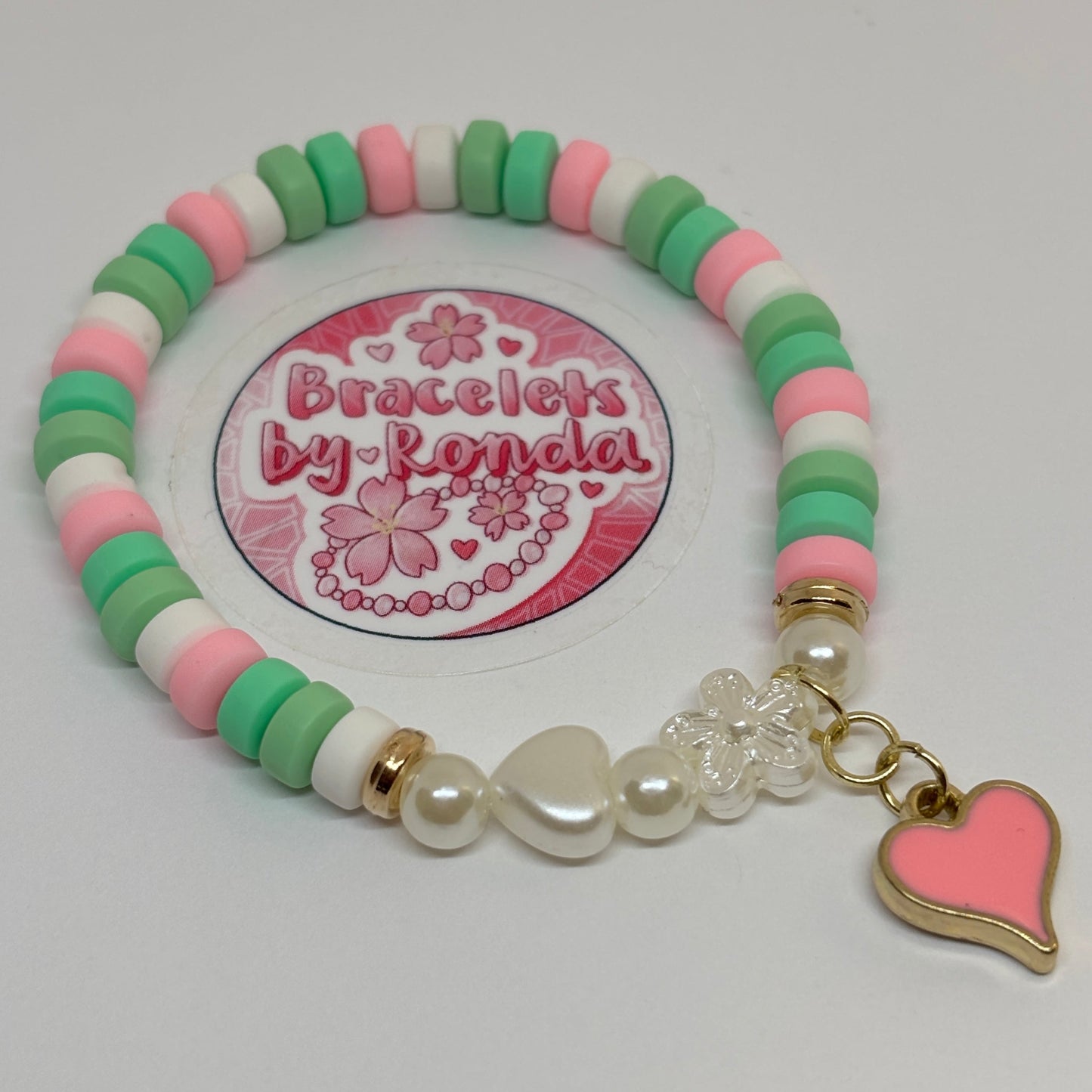 Pink & Green Clay Bead Charm Bracelet