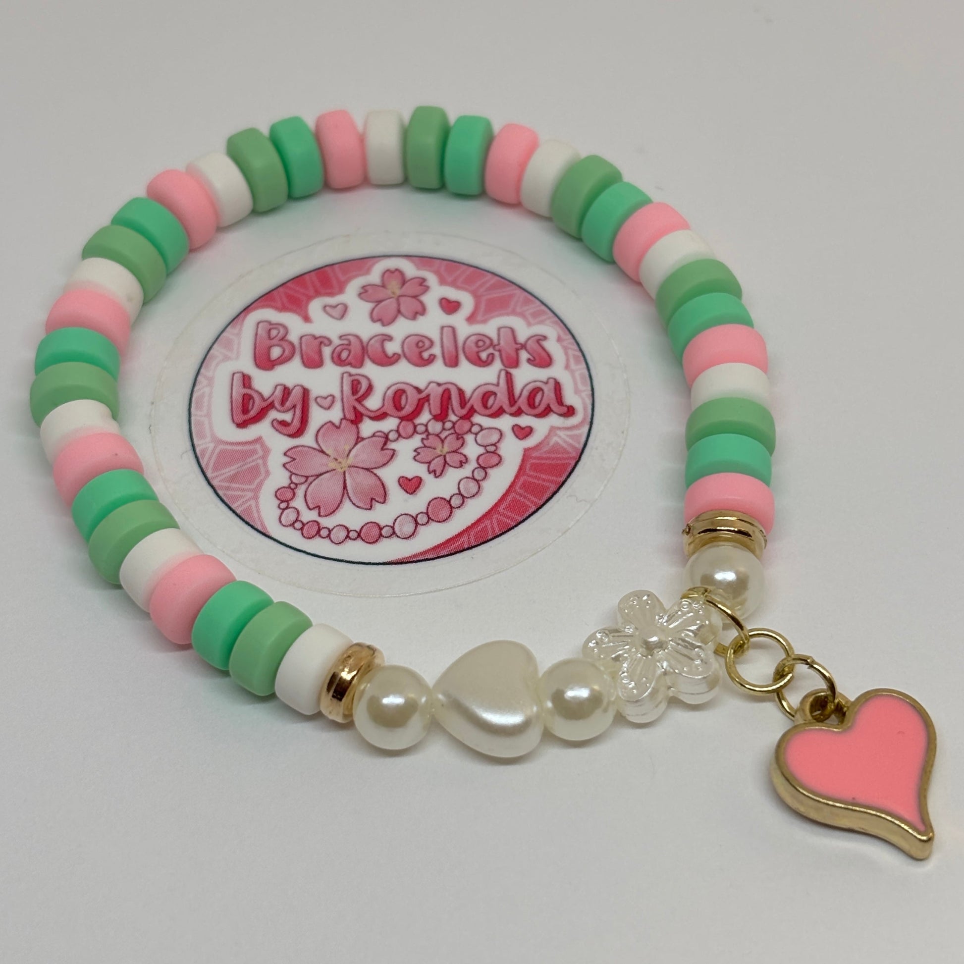 Pink & Green Clay Bead Charm Bracelet