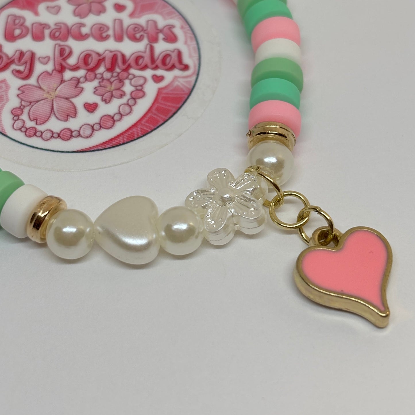 Pink & Green Clay Bead Charm Bracelet